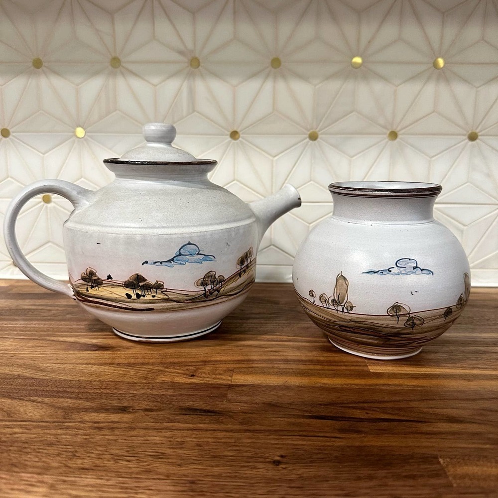 Birgit Greiner Bürgel, Germany Landscape Pottery Teapot and Vase Hand Painted